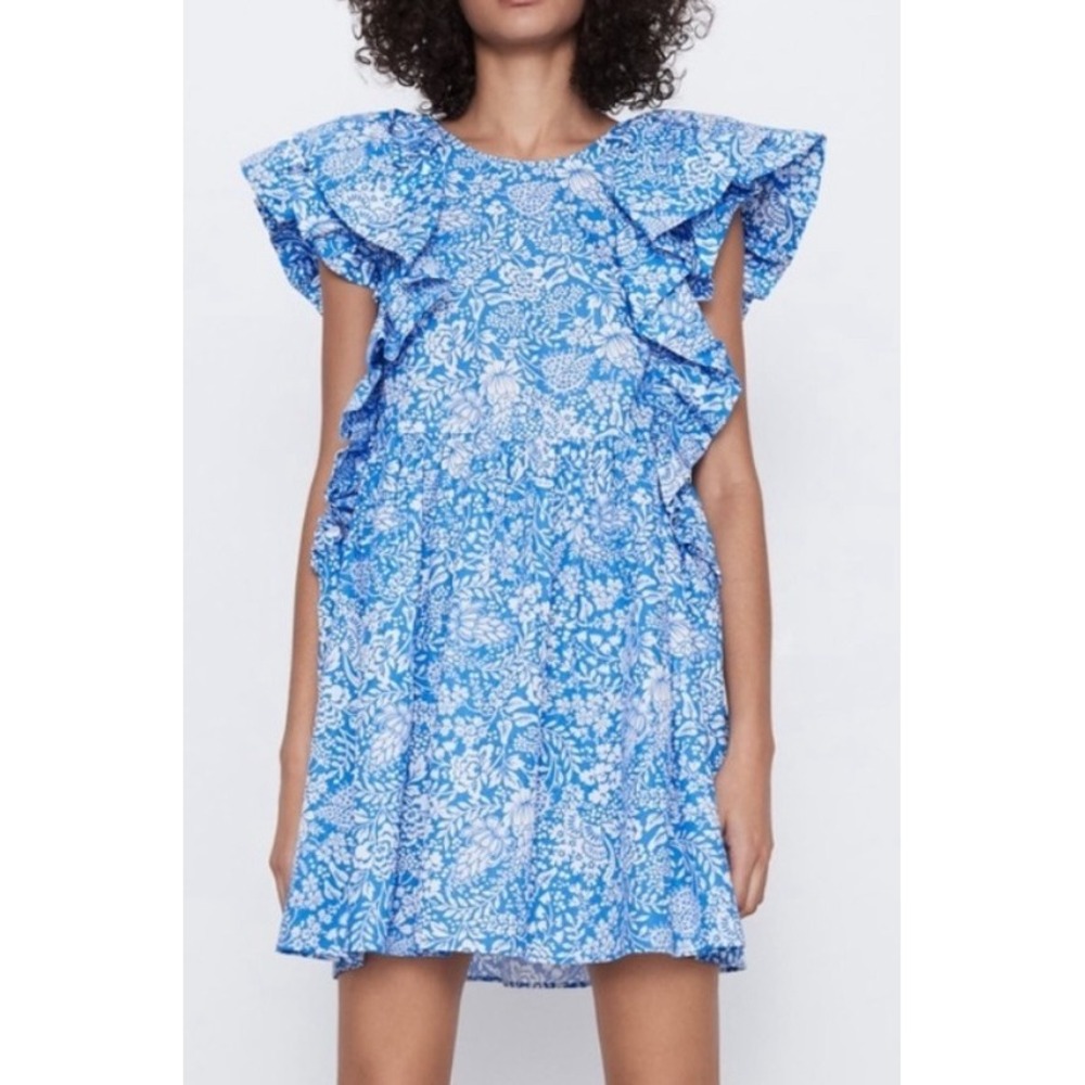 ZARA Floral Ruffle Sleeve Mini Dress Blue White Print Floral Womens XS Cotton